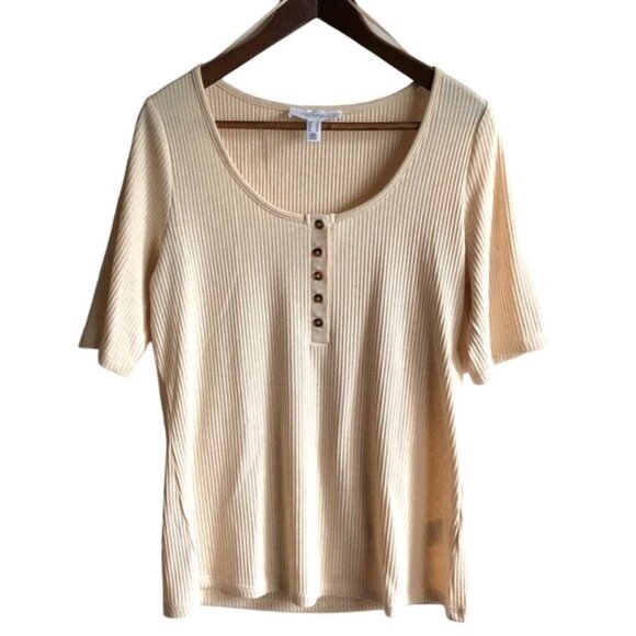 Addition Elle Henley Top Size 0X Oatmeal Ribbed - Picture 2 of 8